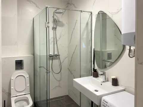 Modern bathroom with a walk-in shower, washbasin, mirror, and toilet. - image 4
