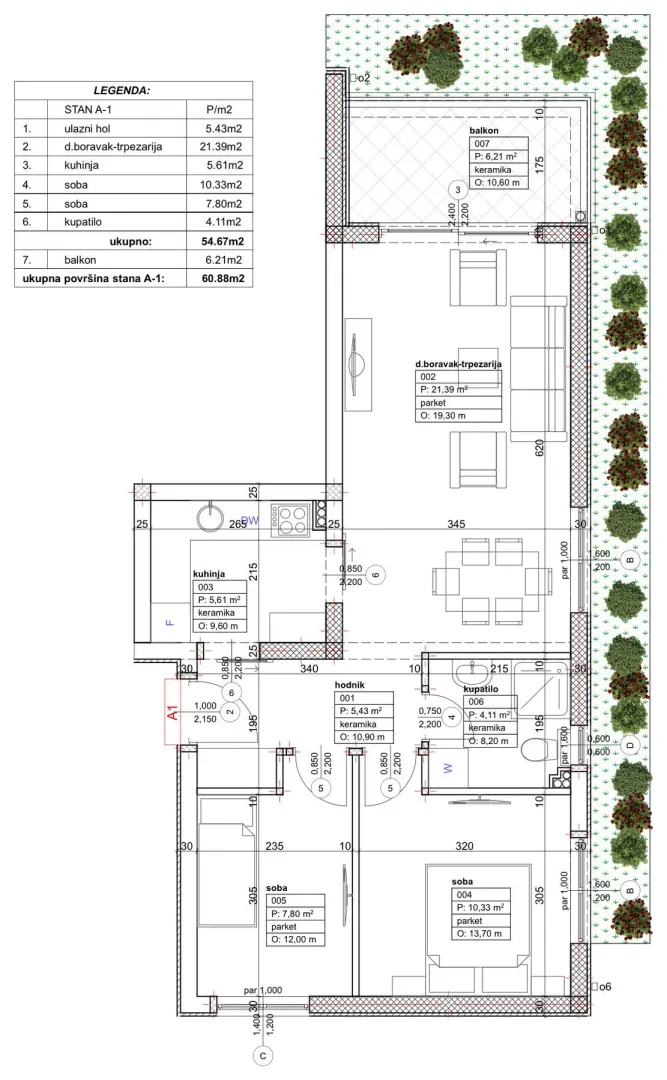 Arhitektonski plan stana sa rasporedom prostorija i površinama.
