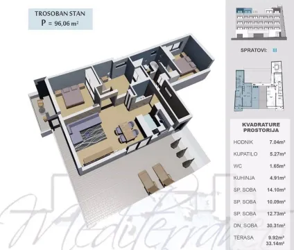 Tlocrt trosobnog stana u 3D prikazu sa detaljnim rasporedom prostorija i kvadraturom. - image 8