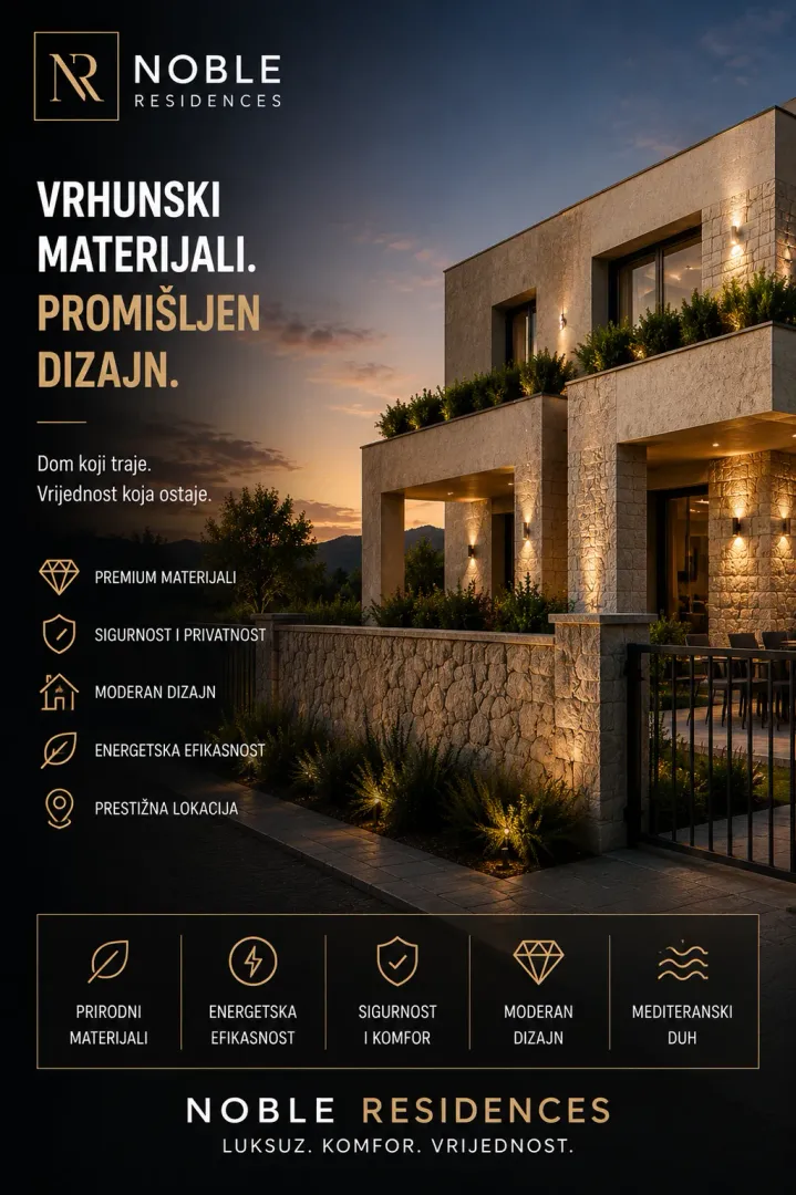 Eksterijer moderne stambene zgrade sa osvjetljenjem i uređenim dvorištem.