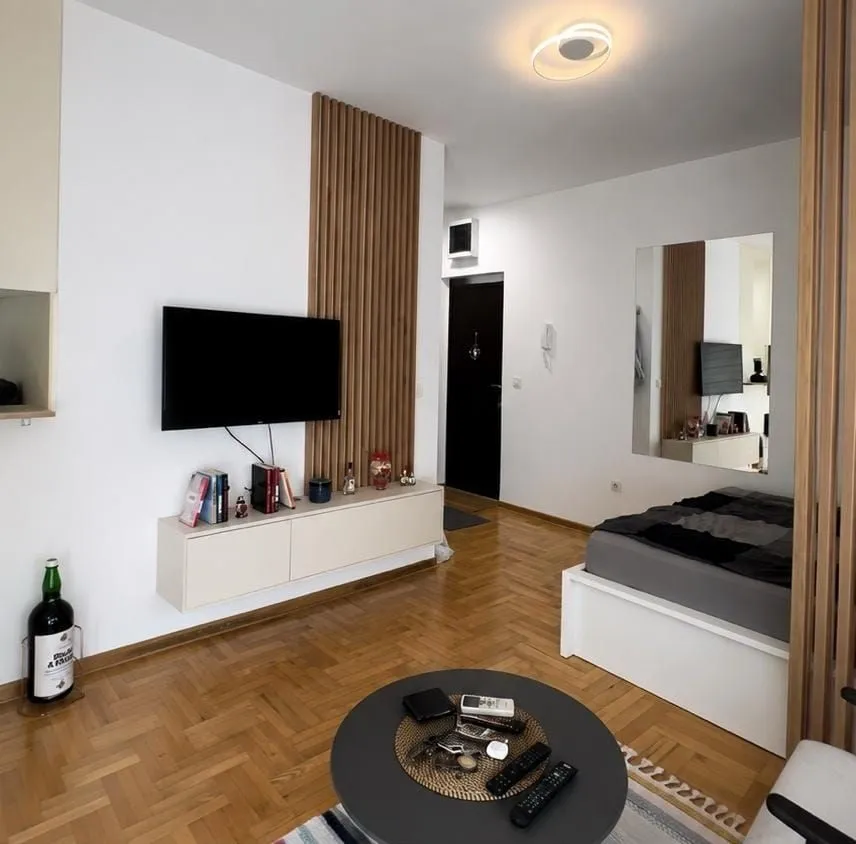 Dnevna soba sa TV-om, drvenim zidnim panelima i krevetom u uglu.