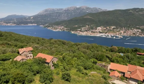 Pogled iz vazduha na stare kamene kuće okružene zelenilom sa pogledom na more. - image 2