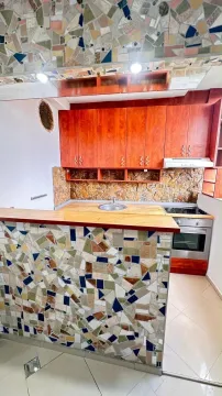 Kitchen with wooden cabinetry and a mosaic-decorated breakfast bar. - image 6