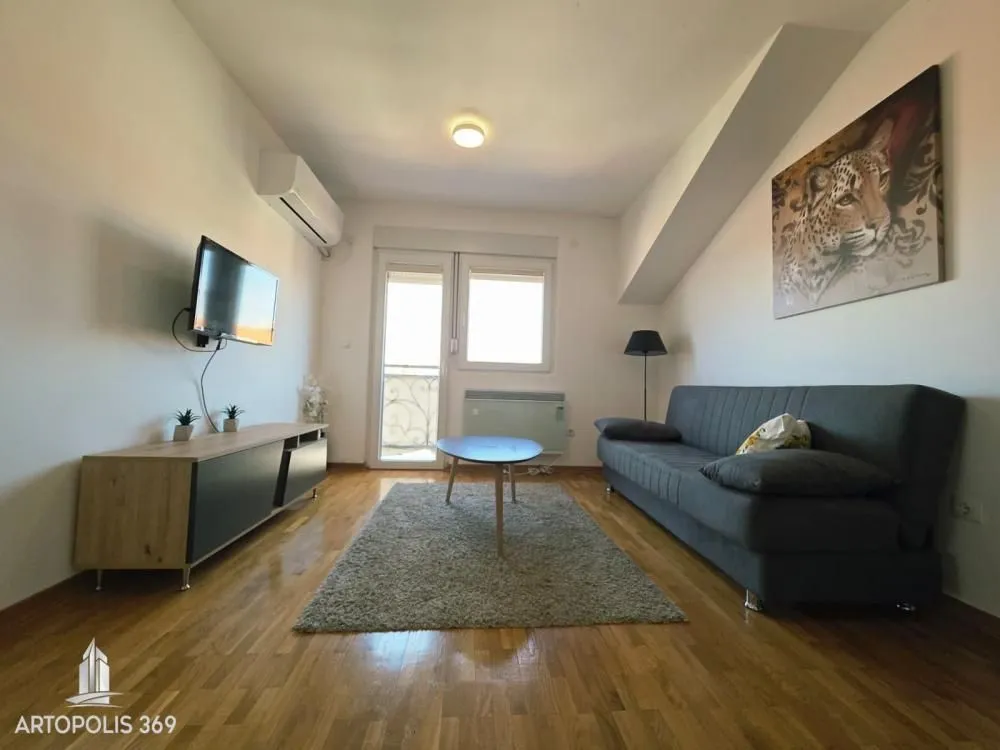 Living room with sofa, TV, and access to the terrace.