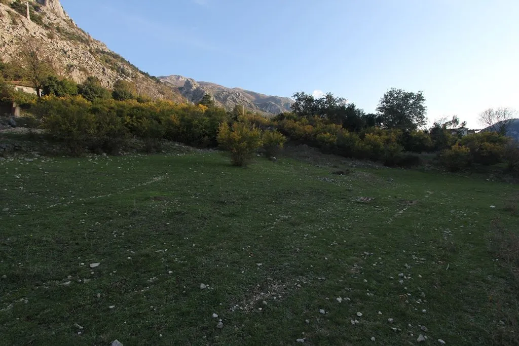 Prostran travnati plac okružen drvećem sa planinama u pozadini.