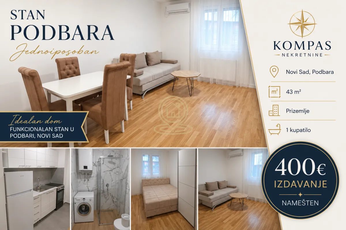 Izdavanje, jednosoban stan, 43m², Podbara, Novi Sad Sve Podlokacije