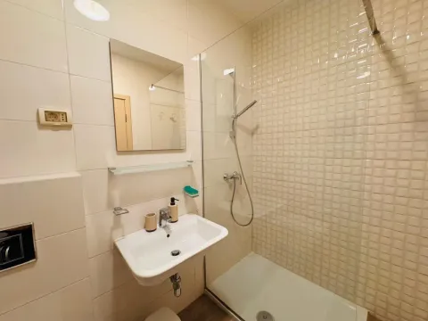 Manje kupatilo sa umivaonikom, ogledalom i tuš kabinom sa staklenom pregradom. - image 11