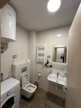 Bright bathroom with a washing machine and toilet. - image 10