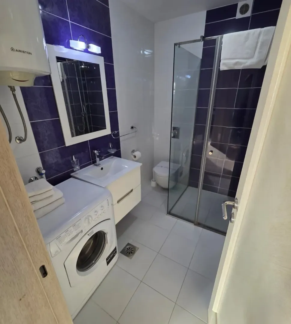Modern bathroom with a walk-in shower, washbasin, and washing machine.