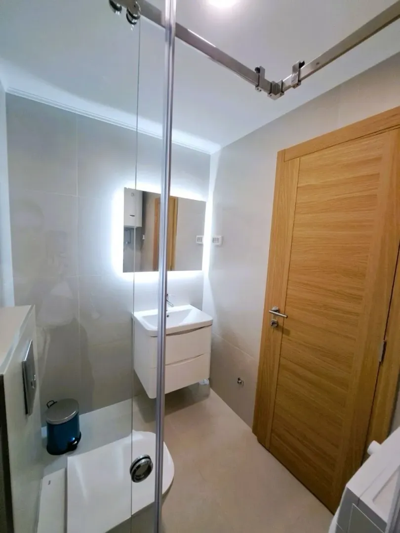 Modernly equipped bathroom with a shower cabin, washbasin, and wooden door.