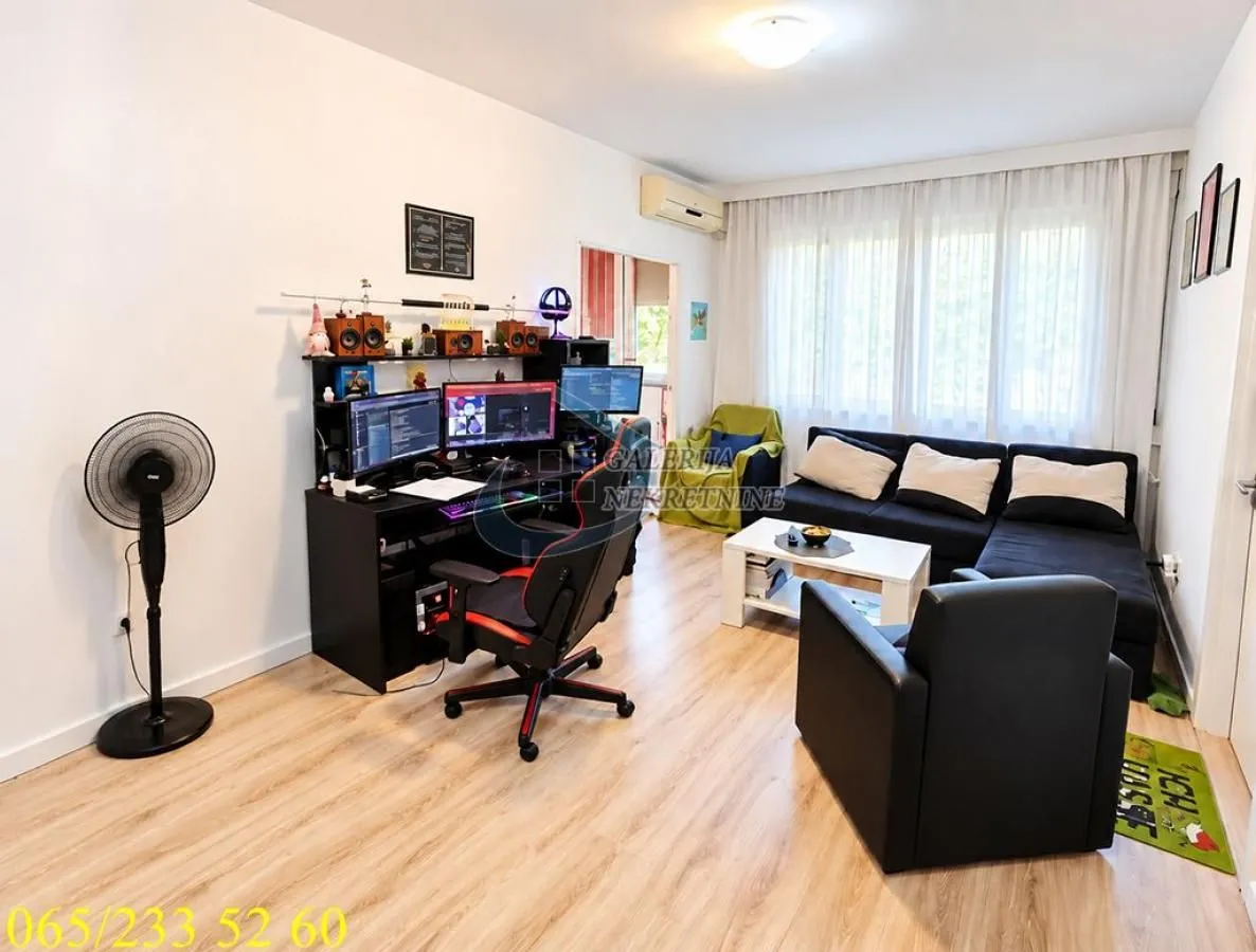 Living room with sofa set, desk, and computer setup.