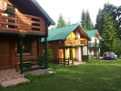 Drvene brvnare u nizu okružene borovom šumom. - image 5