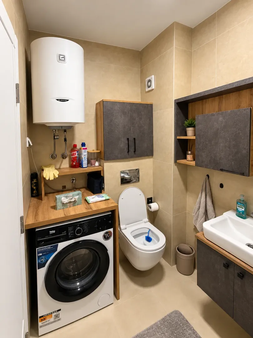 Compact bathroom equipped with a toilet, washbasin, washing machine, and a built-in water heater.
