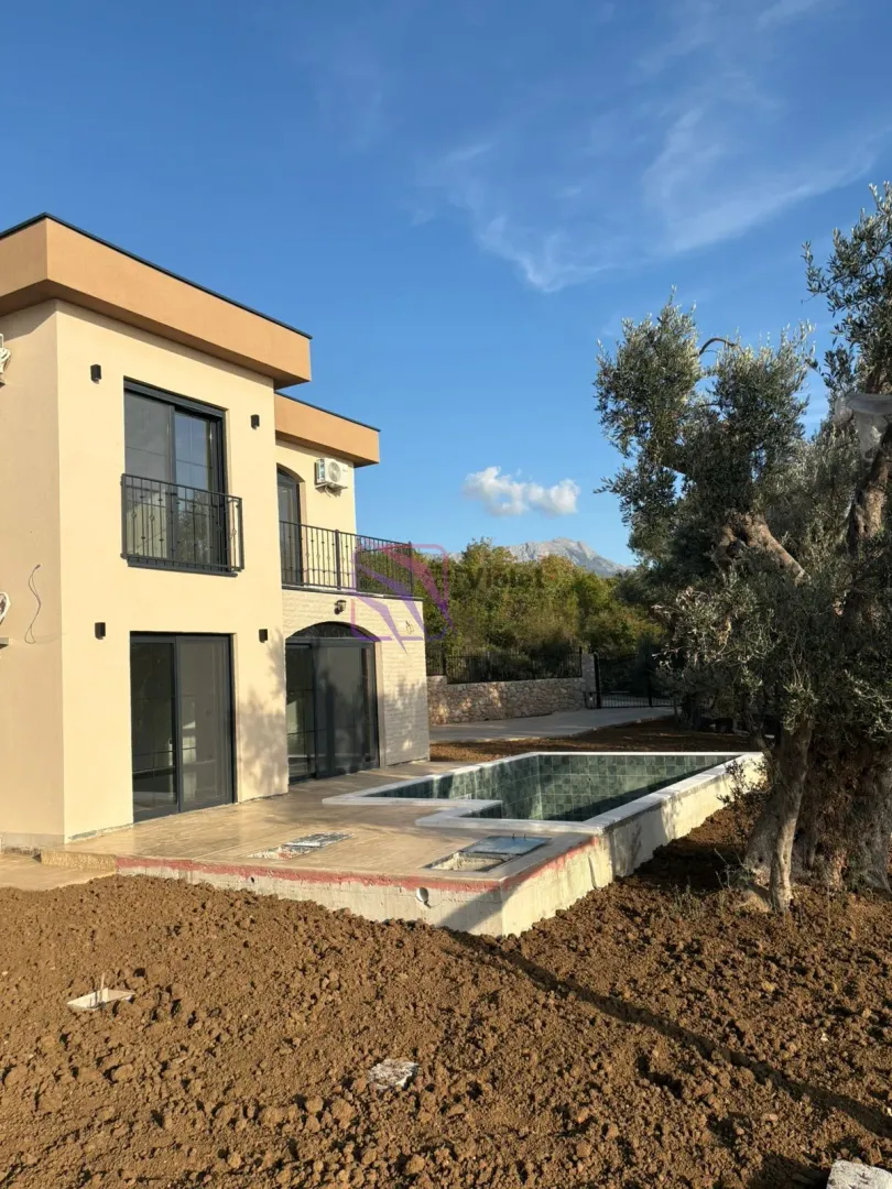 Exterior view of the house with a swimming pool and landscaped yard.