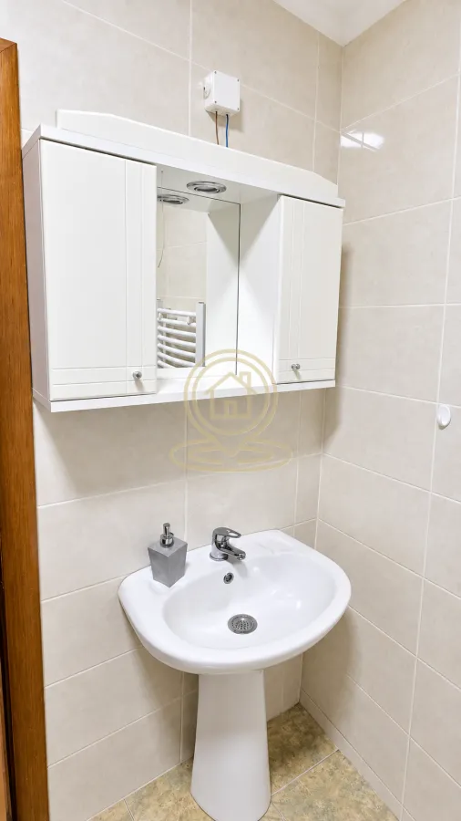 Smaller bathroom with a sink and a mirror cabinet.