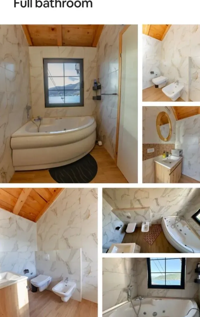 A collage of photographs showing a modern bathroom with a bathtub and wooden details.