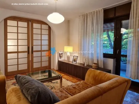 Living room with sofa, coffee table and wooden sliding doors. - image 5