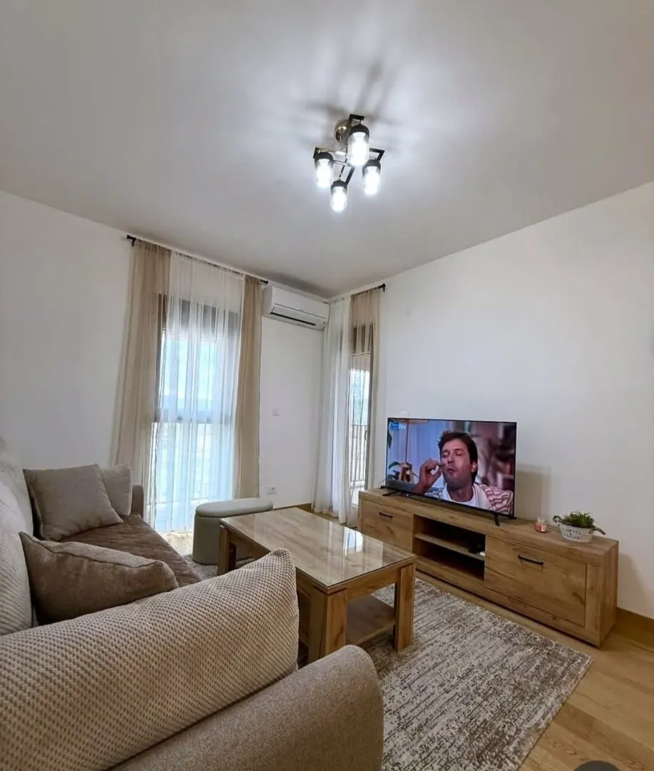 Living room with sofa, coffee table and television.