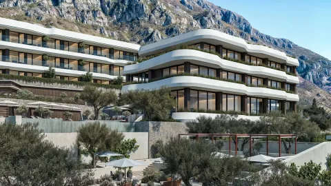 Spoljašnji izgled moderne stambene zgrade sa terasama i uređenim okruženjem u podnožju planine. - image 20