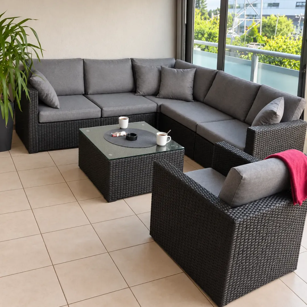 Furnished terrace with seating furniture and a view of the surroundings.