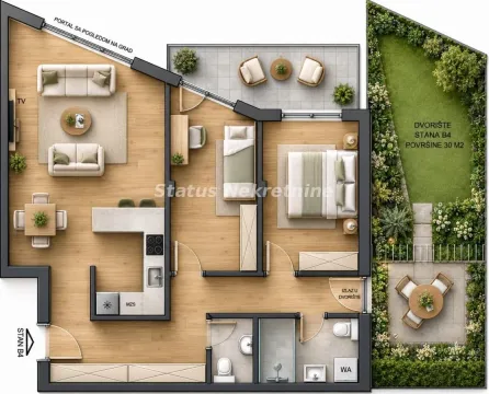Three-dimensional floor plan of the apartment with room layout, terrace, and yard. - image 2
