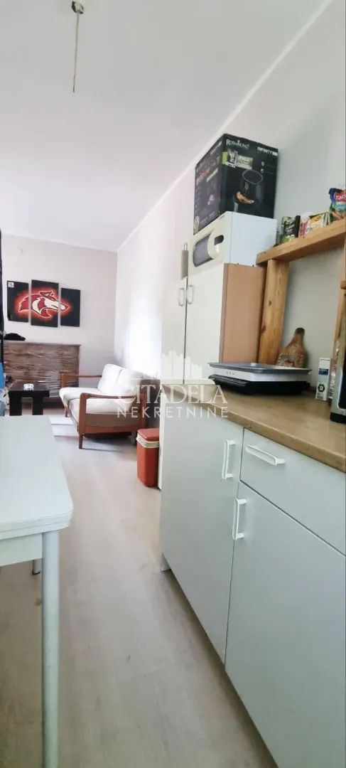 Dnevni boravak povezan sa kuhinjom u stanu.