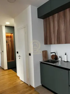 Pogled na dio kuhinje i hodnik sa drvenim elementima i belim vratima. - image 7