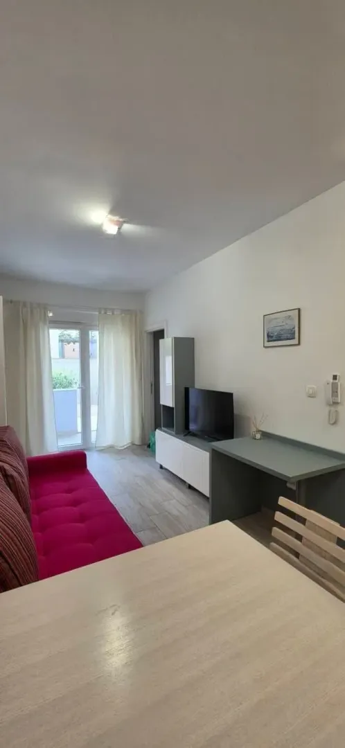 Living room with a sofa, TV unit, and access to the terrace.