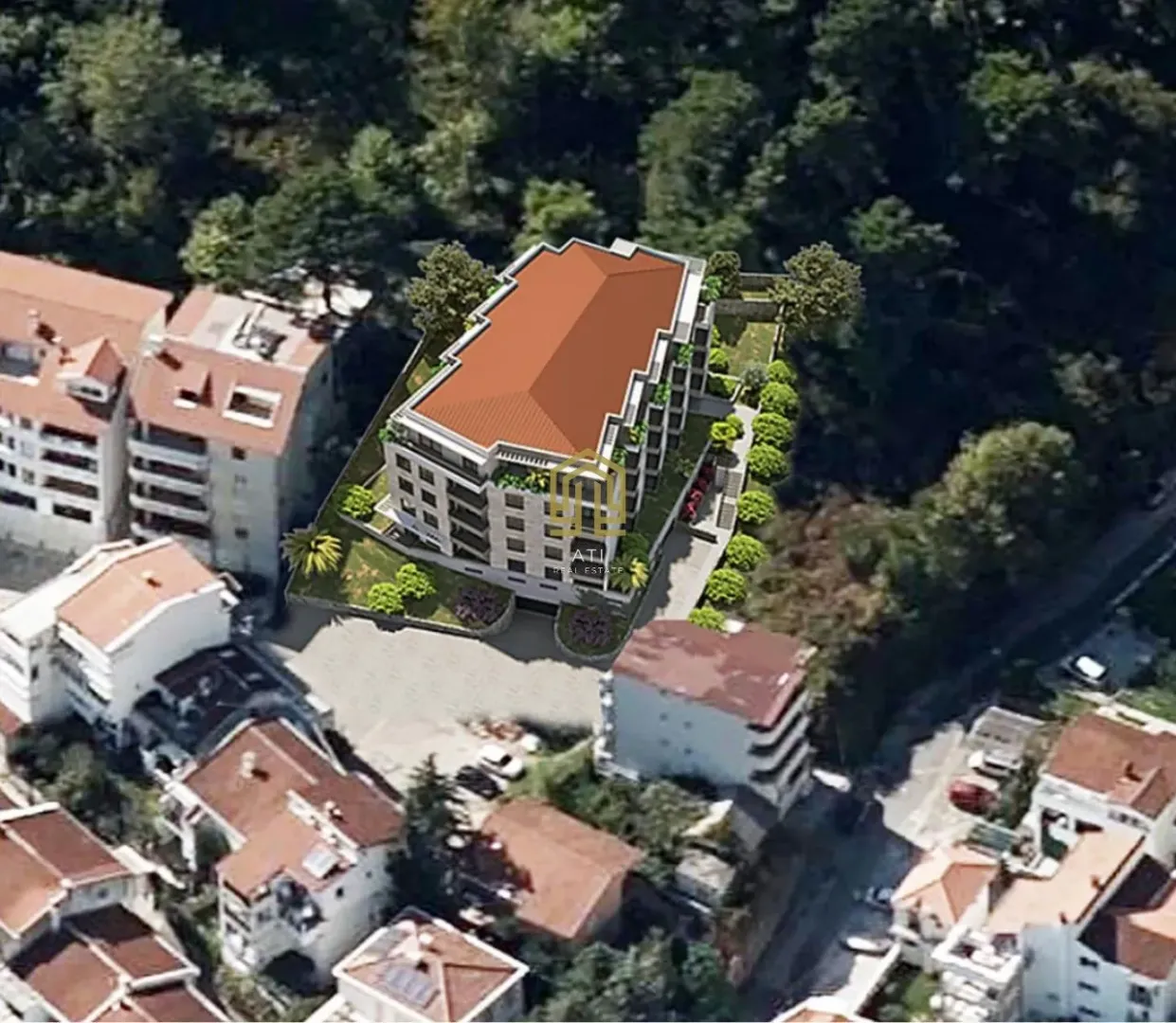 3D render stambene zgrade iz ptičje perspektive.