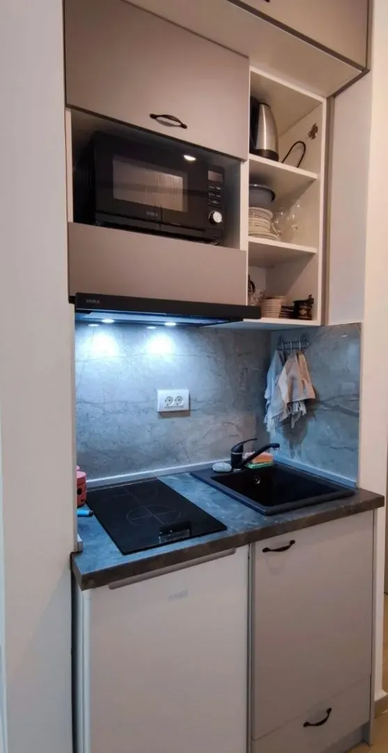 Small kitchen with a built-in cooktop, sink, and wall cabinets.