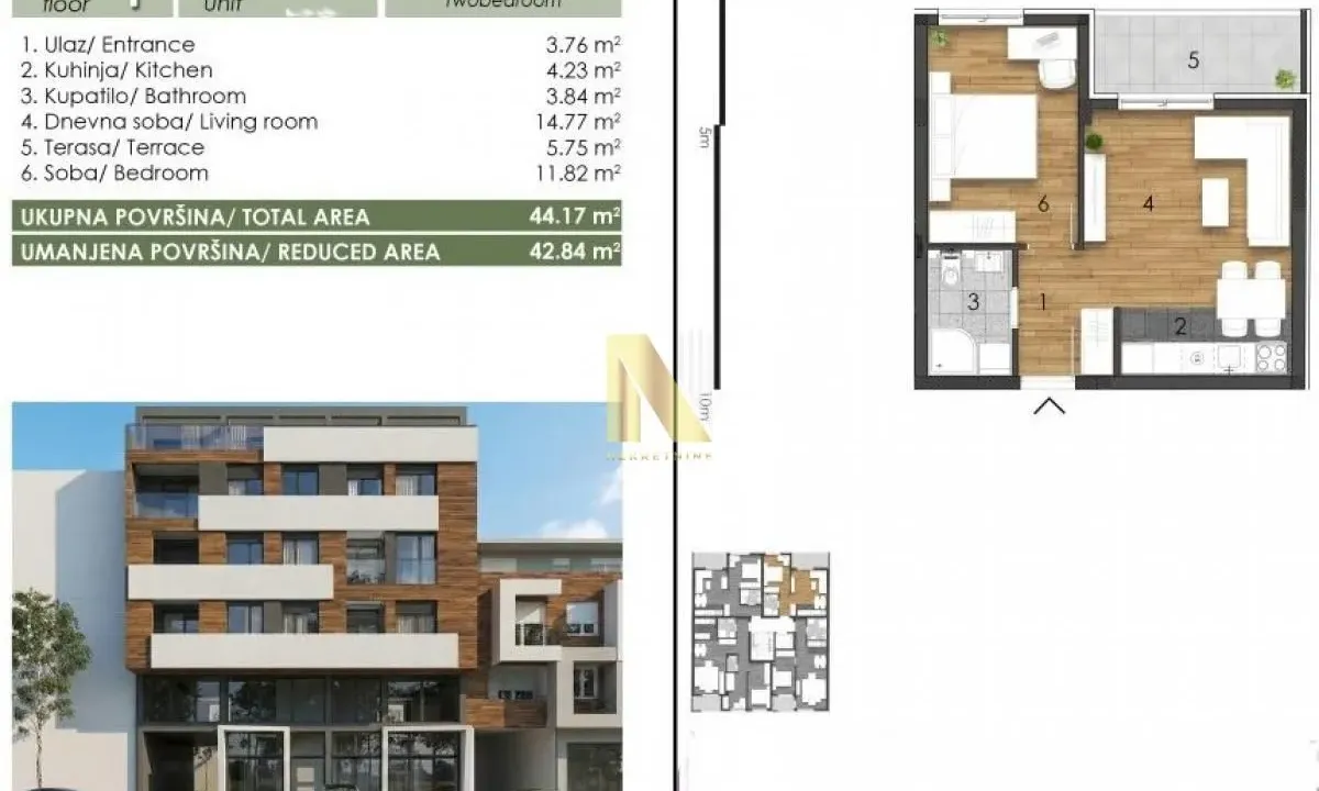 Sale, two bedroom apartment, 44m², Telep, Novi Sad Sve Podlokacije