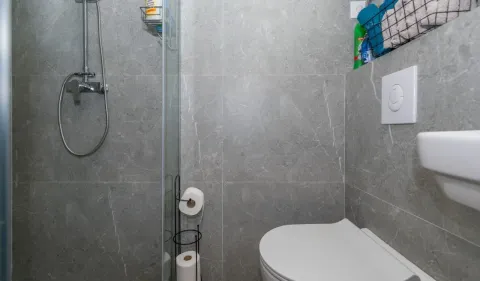 Kupatilo sa tuš kabinom, toaletom i sivim zidnim pločicama. - image 10