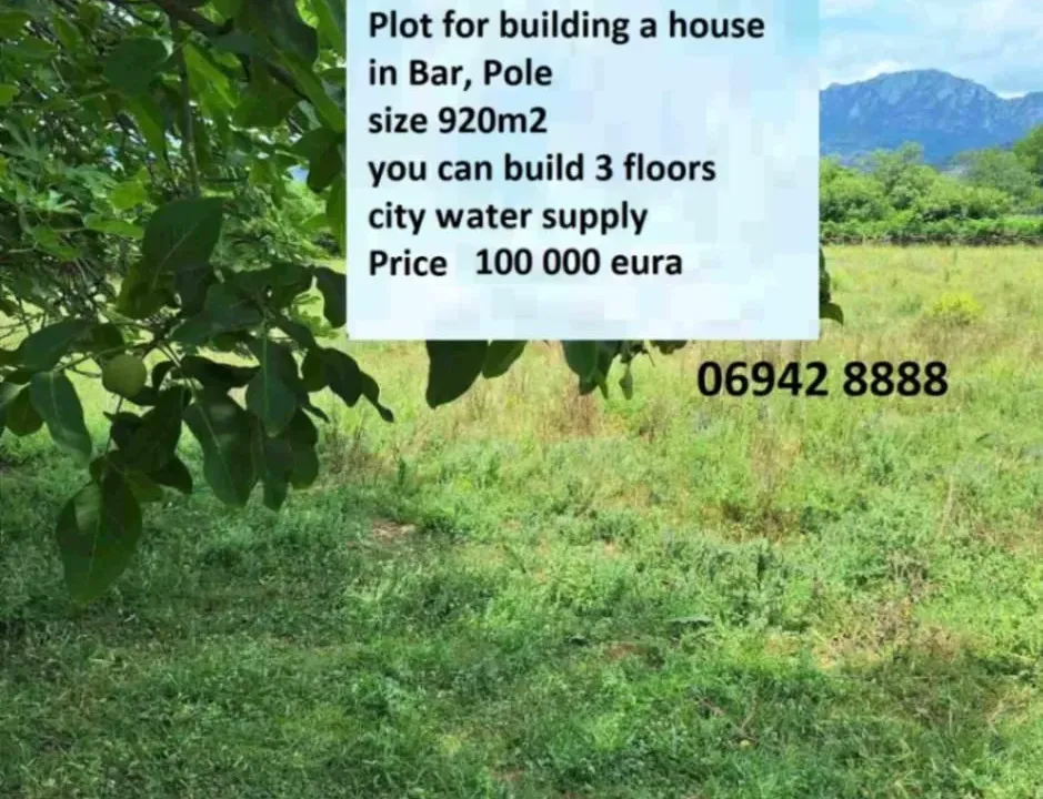 Prodaja, plac, 920m², Polje, Bar