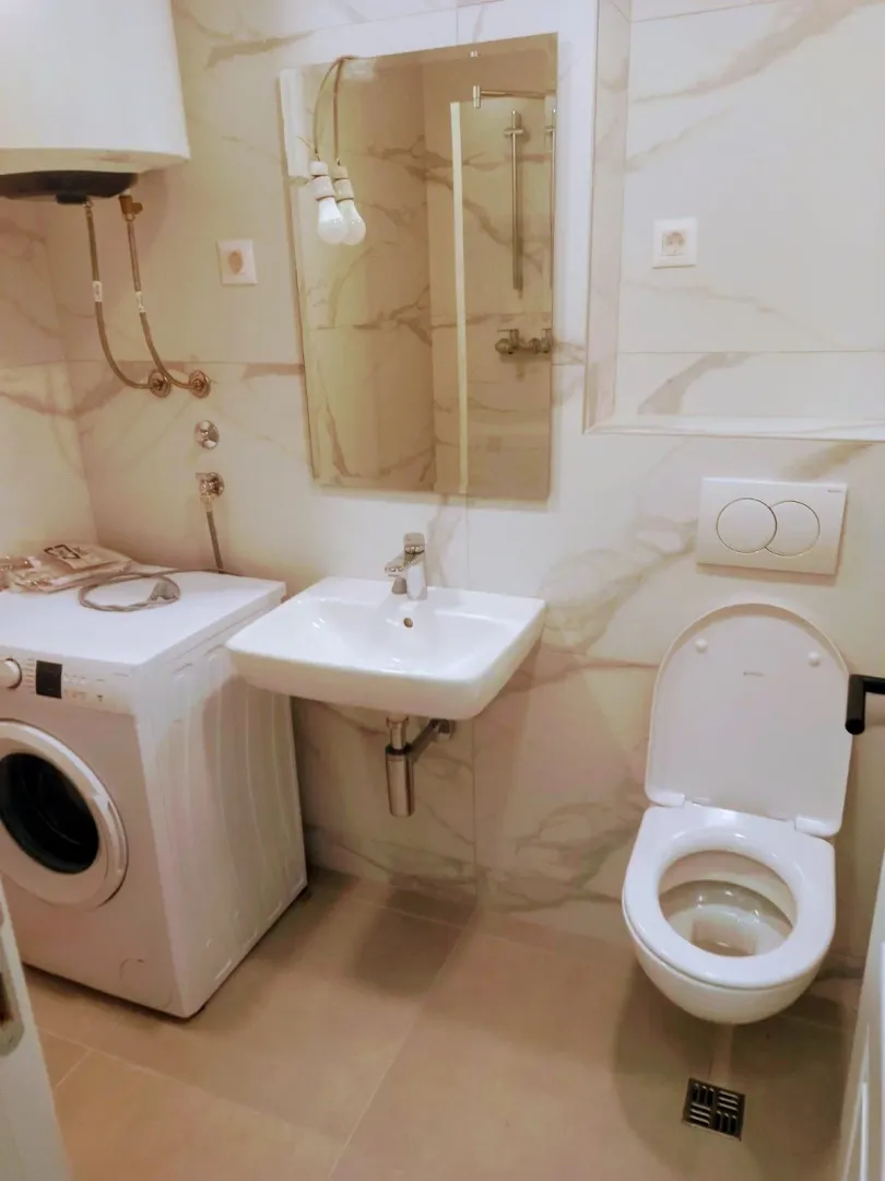 Kupatilo opremljeno umivaonikom, WC šoljom, mašinom za veš i ogledalom.