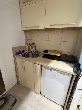 Small kitchen with a sink, countertop, refrigerator, and upper cabinets. - image 11