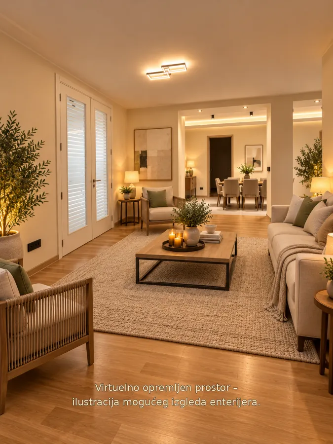 Spacious living room with sofa, coffee table and a view of the dining area.