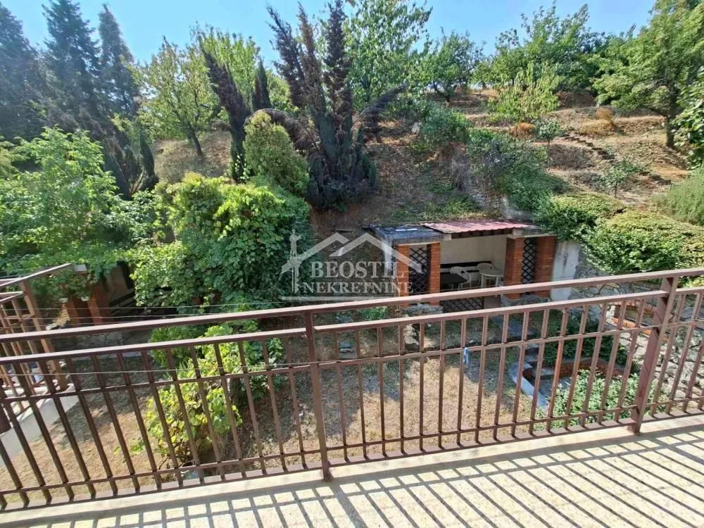 Pogled sa terase na dvorište puno zelenila i baštu.
