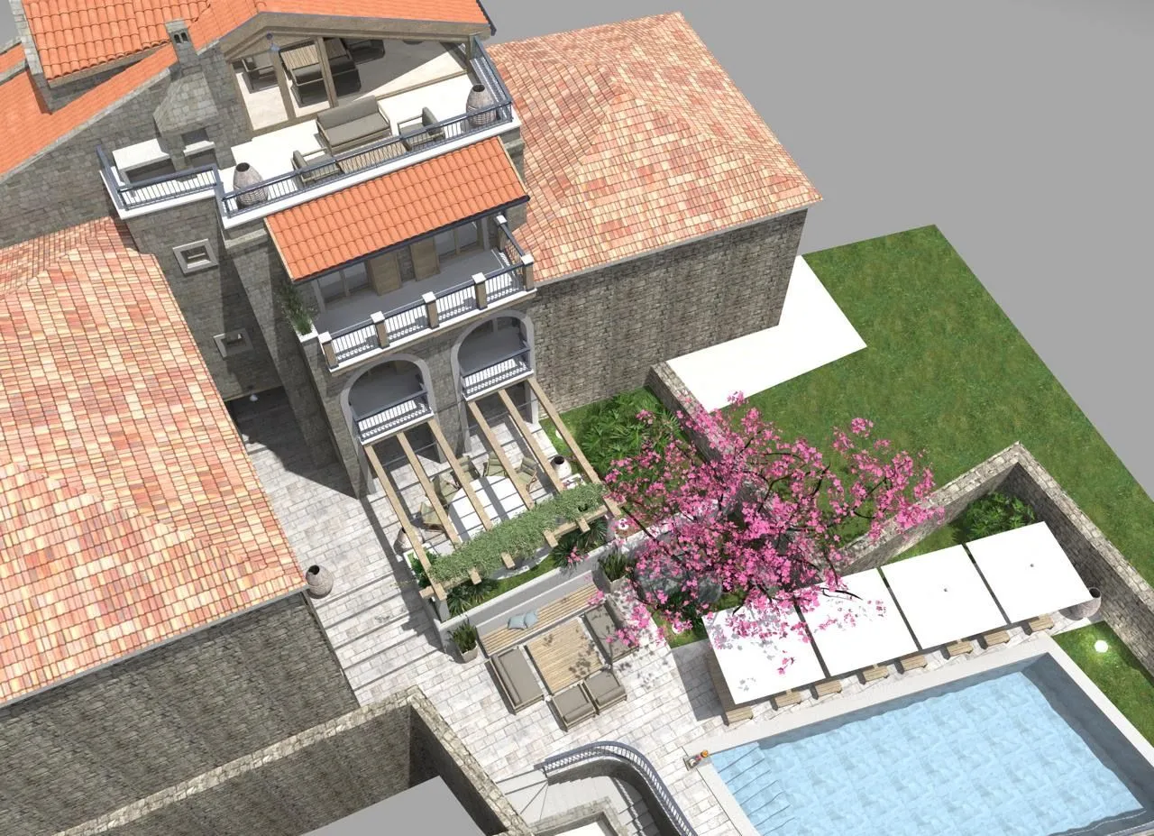 3D prikaz eksterijera kuće sa dvorištem, bazenom i terasom.