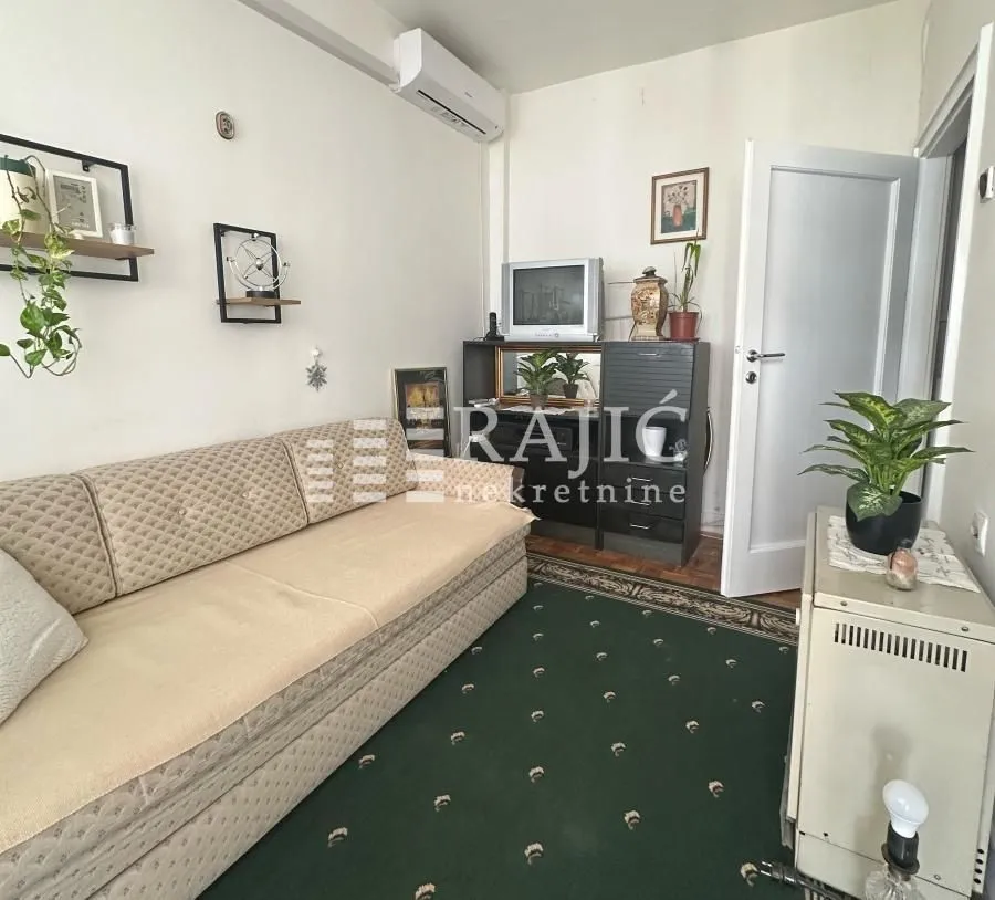 Living room with a sofa and carpet.
