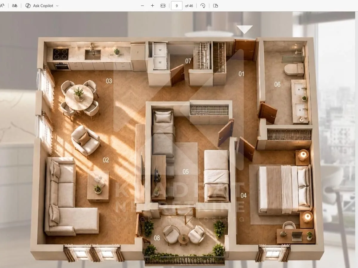 Trodimenzionalni prikaz rasporeda stana sa namještajem.