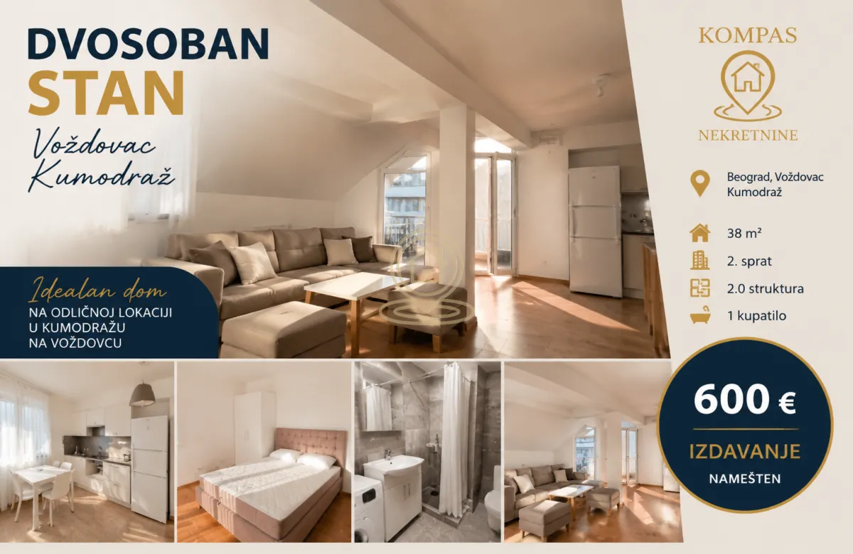 Advertisement for renting a two-room apartment with interior photographs.
