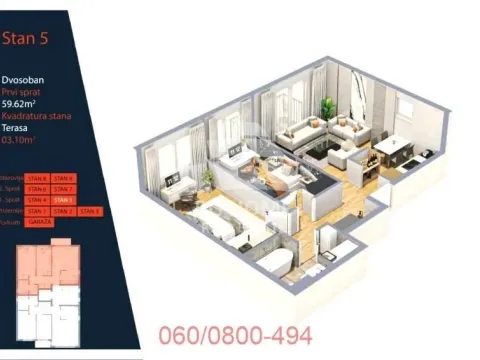 Sale, two bedroom apartment, 60m², Lekino Brdo, Voždovac Sve Podlokacije - image 3