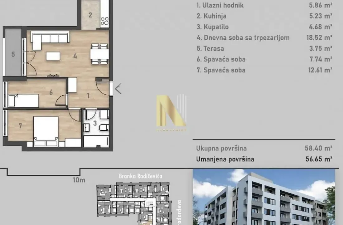 Sale, three bedroom apartment, 57m², Salajka, Novi Sad Sve Podlokacije
