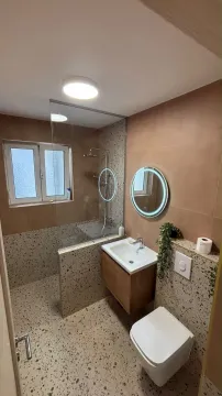 A modernly equipped bathroom with a walk-in shower, washbasin, and toilet. - image 5