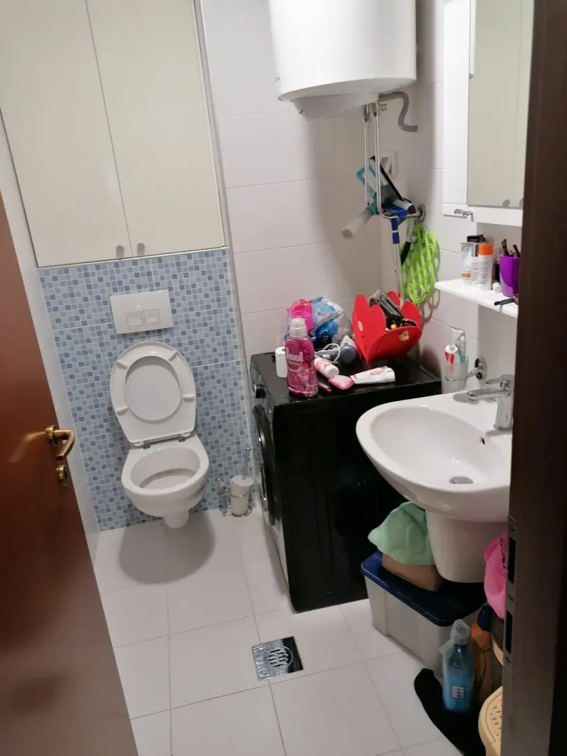 Kupatilo sa veš mašinom, umivaonikom i toaletom.
