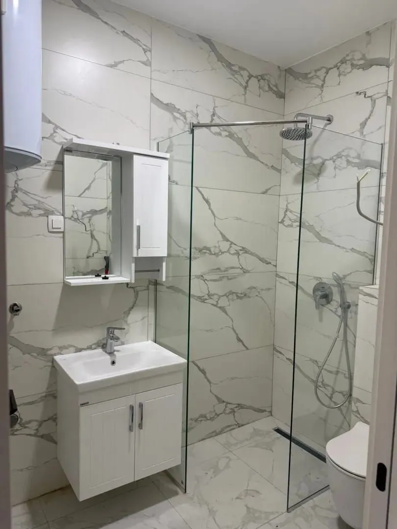 Modern bathroom with a shower enclosure, washbasin, and toilet.