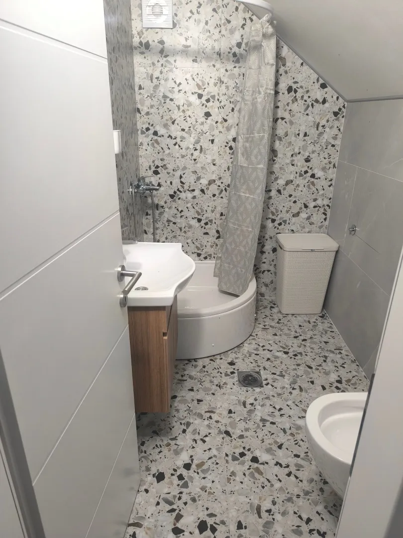 Small bathroom with a shower cabin, washbasin, and toilet.