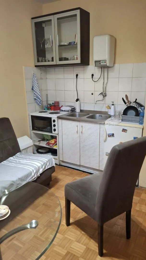 Mala kuhinja sa osnovnim elementima i pripadajućim namještajem.