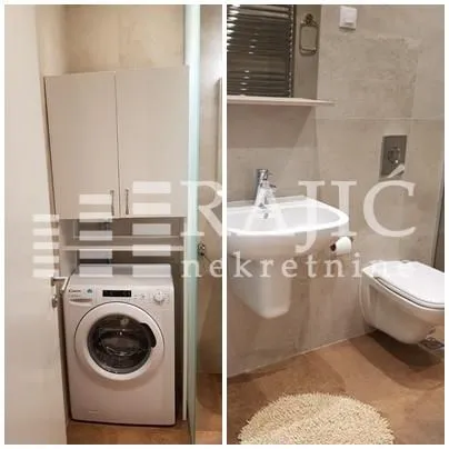 Combined view of a modern bathroom with sanitary fixtures and a washing machine.