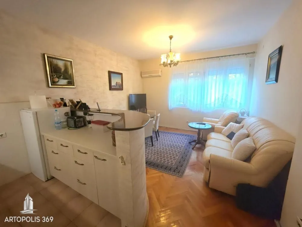 Dnevni boravak sa garniturom i šankom koji je povezan sa kuhinjom.